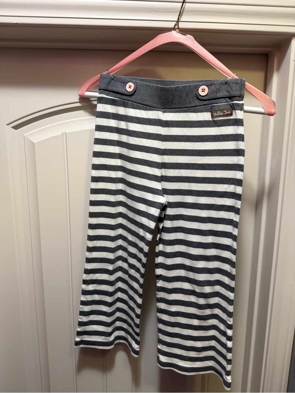 Matilda Jane Gray & White Striped Knit Pants with Button Waist Accent Size 10
